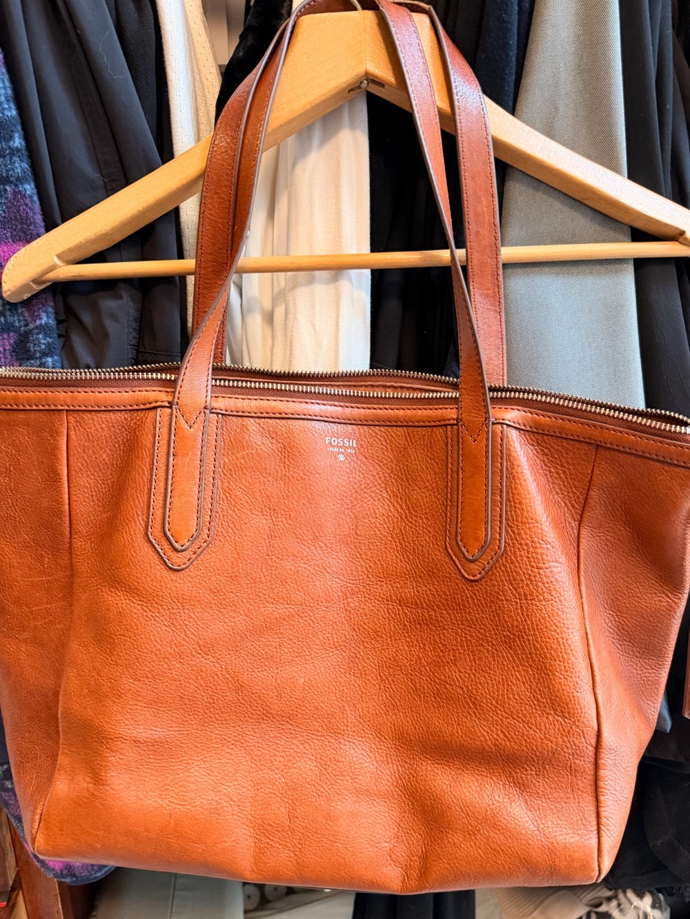 Fossil Leather Tote in Warm Cognac Brown